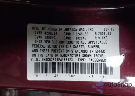 2015 Honda Accord Lx z USA, uszkodzony, nr VIN 1HGCR2F35FA186123